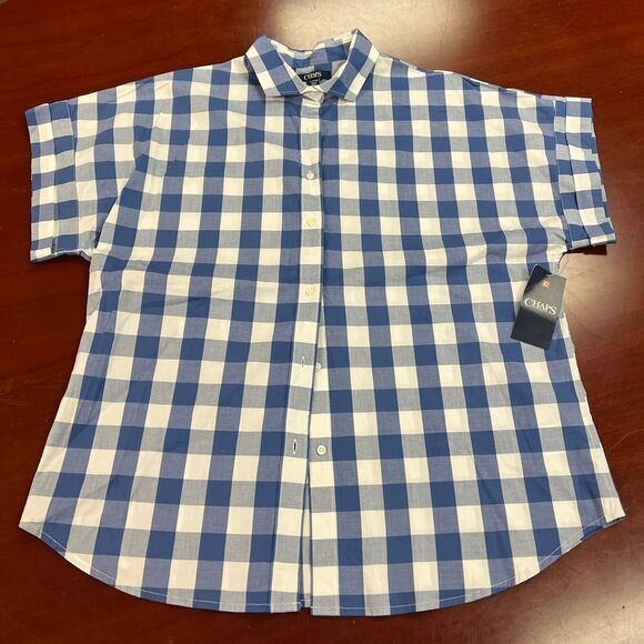 Chaps Womans Blue & White Gingham Short Sleeve Button Down Shirt sz XL NWT - Picture 1 of 6